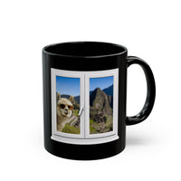 Funny Llama at the Window with Machu Picchu View Black Mug