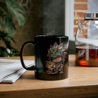 Chibi Aztec Warrior and Jaguar Cub Cartoon Black Mug