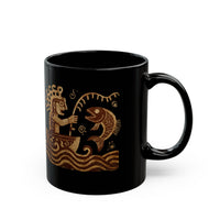 Pre-Hispanic Fisherman with Symbolic Fish Glyph Style Black Mug