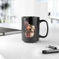 Playful Inca Girl and Llama Cartoon Black Mug