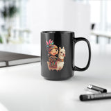 Playful Inca Girl and Llama Cartoon Black Mug