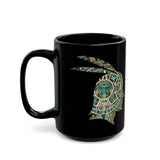A Turquoise and Gold Mayan Warrior Face Black Mug