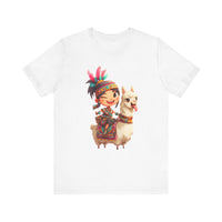 Playful Inca Girl and Llama Cartoon Unisex T-Shirt
