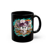 Aztec Floral Cow Skull on Turquoise Pattern Black Mug