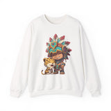 Chibi Aztec Warrior and Jaguar Cub Cartoon Unisex Sweatshirt