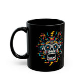 Funny Aztec Skull with Neon Circuits Black Mug