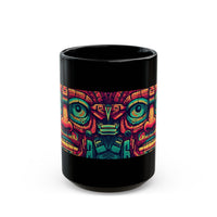 Neon Aztec Mask God Illustration Black Mug
