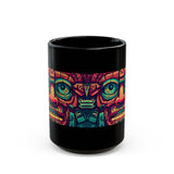 Neon Aztec Mask God Illustration Black Mug