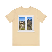 Funny Llama at the Window with Machu Picchu View Unisex T-Shirt