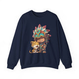Chibi Aztec Warrior and Jaguar Cub Cartoon Unisex Sweatshirt