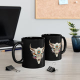 Sacred Floral Cow Skull Mandala Illustration Black Mug