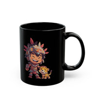 Chibi Aztec Warrior with Jaguar Cub Cartoon History Black Mug