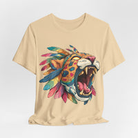 Comic Style Jaguar Mask with Rainbow Feathers Unisex T-Shirt