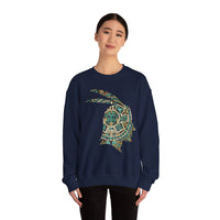 A Turquoise and Gold Mayan Warrior Face Unisex Sweatshirt