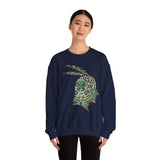 A Turquoise and Gold Mayan Warrior Face Unisex Sweatshirt