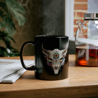 Sacred Floral Cow Skull Mandala Illustration Black Mug