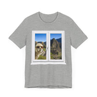 Funny Llama at the Window with Machu Picchu View Unisex T-Shirt