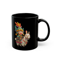 Chibi Inca Warrior Riding Llama Cartoon Black Mug