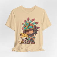 Chibi Aztec Warrior and Jaguar Cub Cartoon Unisex T-Shirt