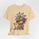 Chibi Aztec Warrior and Jaguar Cub Cartoon Unisex T-Shirt