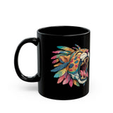 Comic Style Jaguar Mask with Rainbow Feathers Black Mug