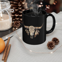 Boho Aztec Feathered Bull Skull Illustration Black Mug