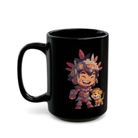 Chibi Aztec Warrior with Jaguar Cub Cartoon History Black Mug