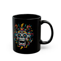 Funny Aztec Skull with Neon Circuits Black Mug