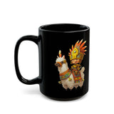 Cute Chibi Inca Warrior and Llama Cartoon Black Mug