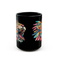 Comic Style Jaguar Mask with Rainbow Feathers Black Mug
