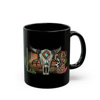Sunset Desert Scene with Aztec Tribal Skull Black Mug