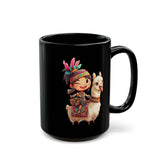 Playful Inca Girl and Llama Cartoon Black Mug