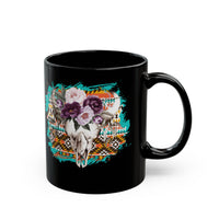 Aztec Floral Cow Skull on Turquoise Pattern Black Mug