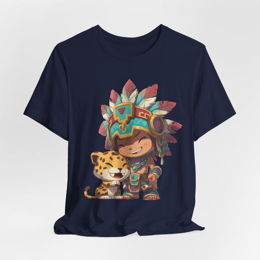 Chibi Aztec Warrior and Jaguar Cub Cartoon Unisex T-Shirt