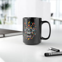 Funny Aztec Skull with Neon Circuits Black Mug