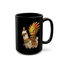 Cute Chibi Inca Warrior and Llama Cartoon Black Mug