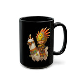 Cute Chibi Inca Warrior and Llama Cartoon Black Mug