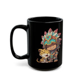 Chibi Aztec Warrior and Jaguar Cub Cartoon Black Mug