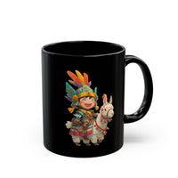 Chibi Inca Warrior Riding Llama Cartoon Black Mug