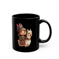 Playful Inca Girl and Llama Cartoon Black Mug