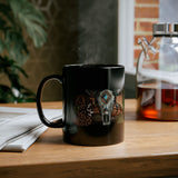 Sunset Desert Scene with Aztec Tribal Skull Black Mug