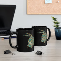 A Turquoise and Gold Mayan Warrior Face Black Mug