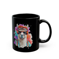 Hippie Llama in Sunglasses Watercolor Style Black Mug