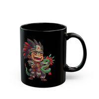 Chibi Aztec Warrior with Baby Quetzalcoatl Serpent Black Mug