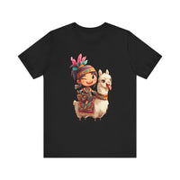 Playful Inca Girl and Llama Cartoon Unisex T-Shirt