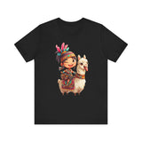 Playful Inca Girl and Llama Cartoon Unisex T-Shirt