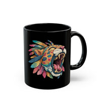 Comic Style Jaguar Mask with Rainbow Feathers Black Mug