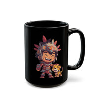 Chibi Aztec Warrior with Jaguar Cub Cartoon History Black Mug