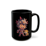 Chibi Aztec Warrior with Jaguar Cub Cartoon History Black Mug