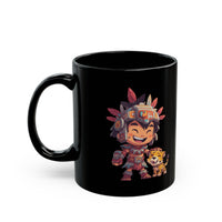 Chibi Aztec Warrior with Jaguar Cub Cartoon History Black Mug